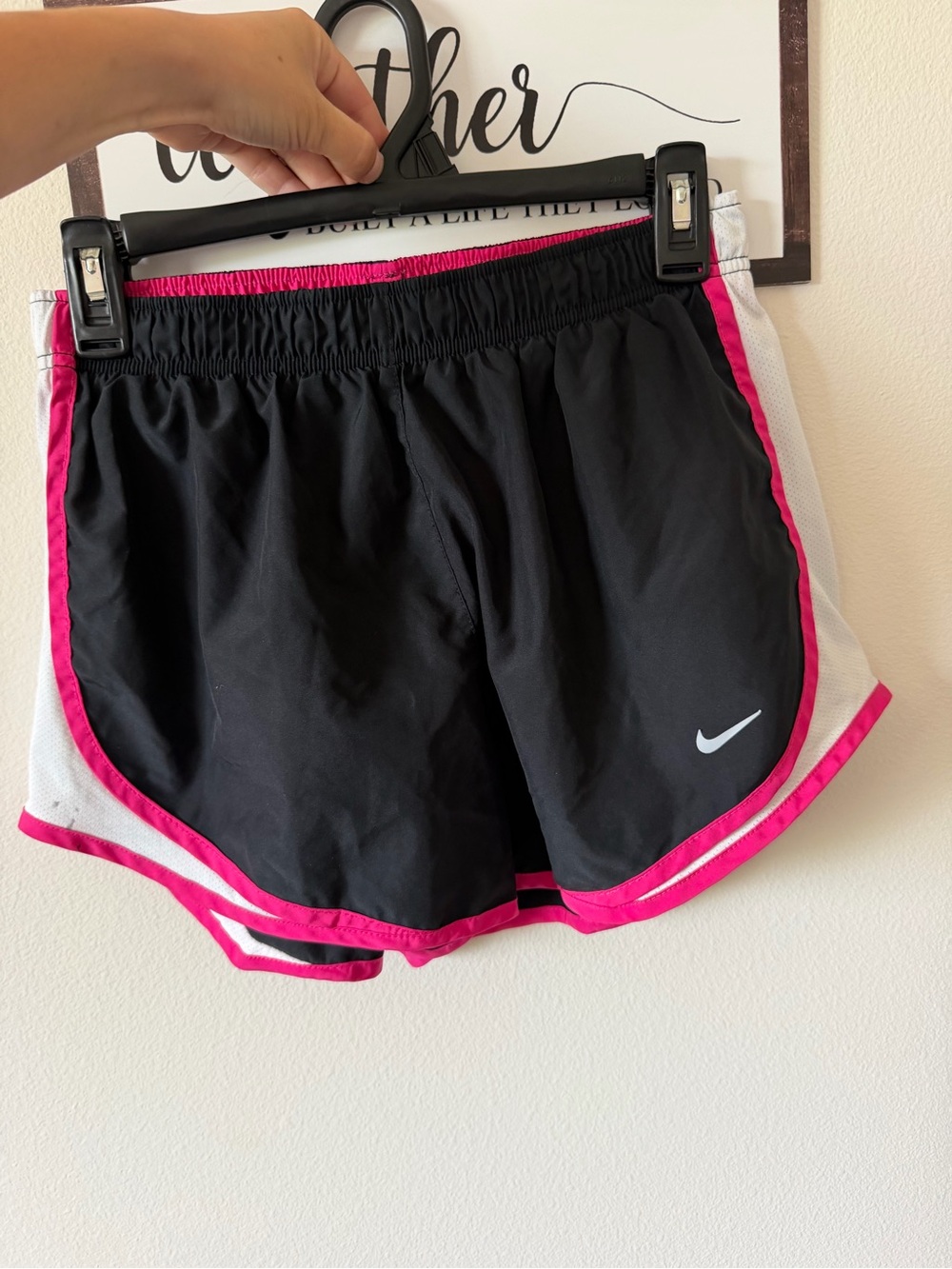Nike Women’s Black Athletic Shorts with Pink Trim and White Panels